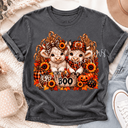 Halloween Highland Cow DTF Transfer – Boo Fall Cow Shirt Design – Pumpkin Sunflower Spooky Season DTF
