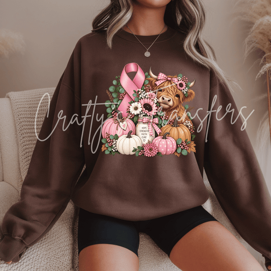 Highland Cow Breast Cancer Awareness DTF Transfer – Pink Ribbon Fall Pumpkin Design