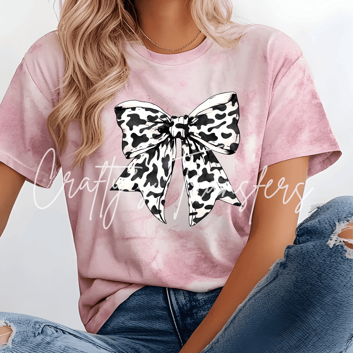 Cow Print Bow DTF Transfer – Black & White Western Bow Shirt Design – Girly Cow Print DTF