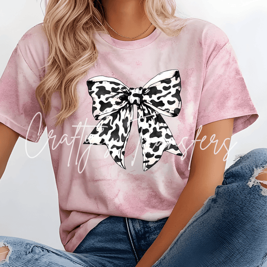 Cow Print Bow DTF Transfer – Black & White Western Bow Shirt Design – Girly Cow Print DTF
