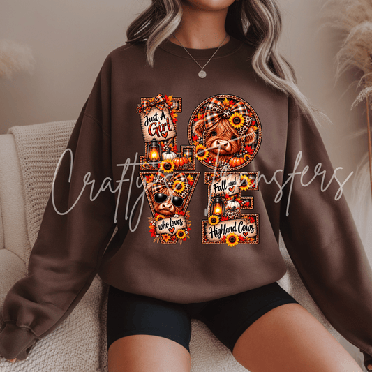 Fall Highland Cow LOVE DTF Transfer – Just a Girl Who Loves Fall & Highland Cows – Autumn Cow DTF