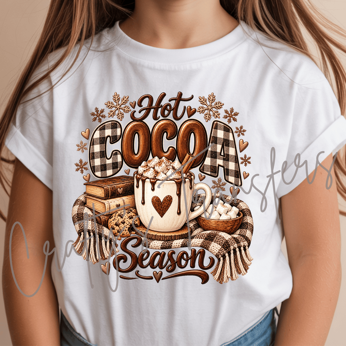 Hot Cocoa Season DTF Transfer – Buffalo Plaid Mug & Marshmallow Shirt Design – Cozy Winter DTF