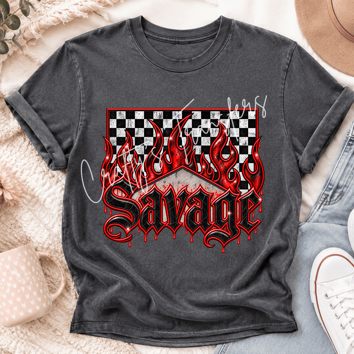 Savage DTF Transfer – Red Black Flame Checkerboard Shirt Design – Gothic Grunge DTF