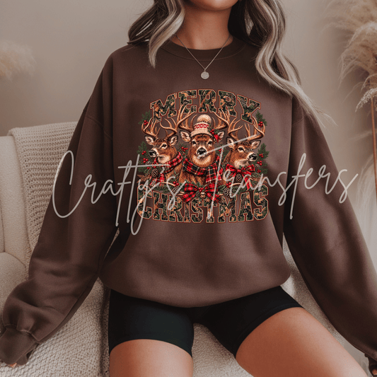 Merry Christmas Deer DTF Transfer – Rustic Reindeer Holiday Shirt Design – Plaid Woodland Christmas DTF
