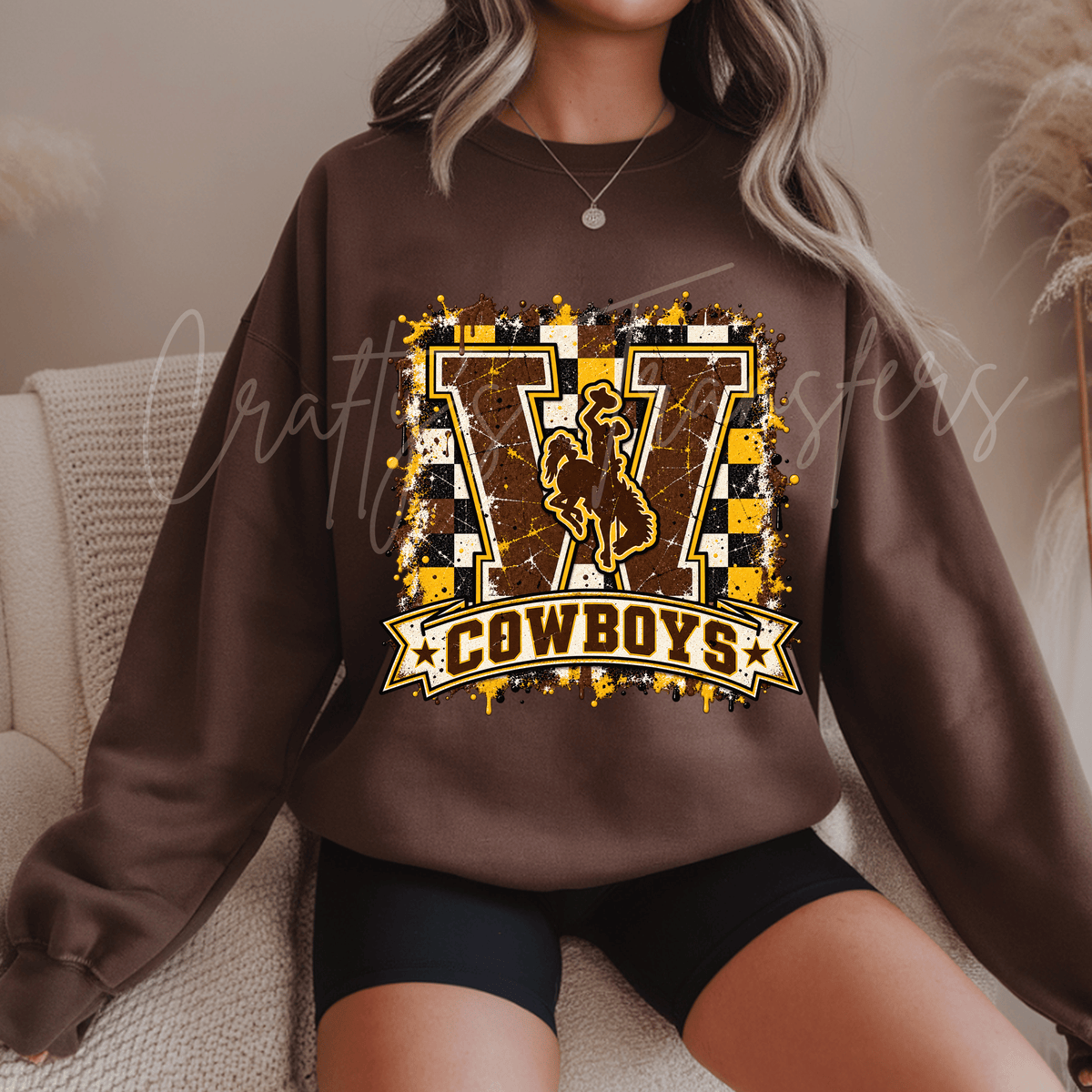 Brown & Gold Cowboys DTF Transfer – Western Bucking Horse Sports Shirt Design – Checkerboard Cowboy DTF