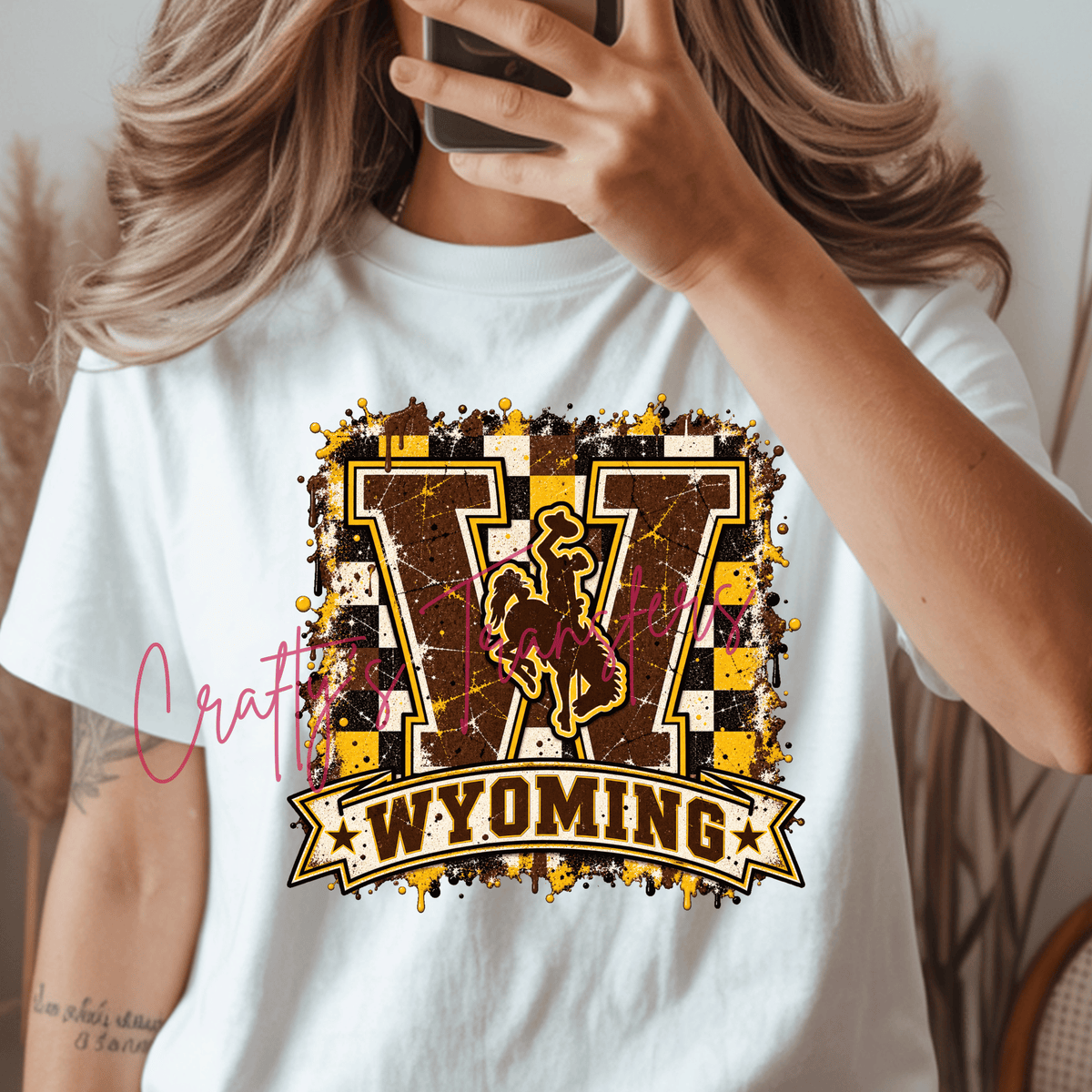 Brown & Gold Cowboys DTF Transfer – Western Bucking Horse Sports Shirt Design – Checkerboard Cowboy DTF