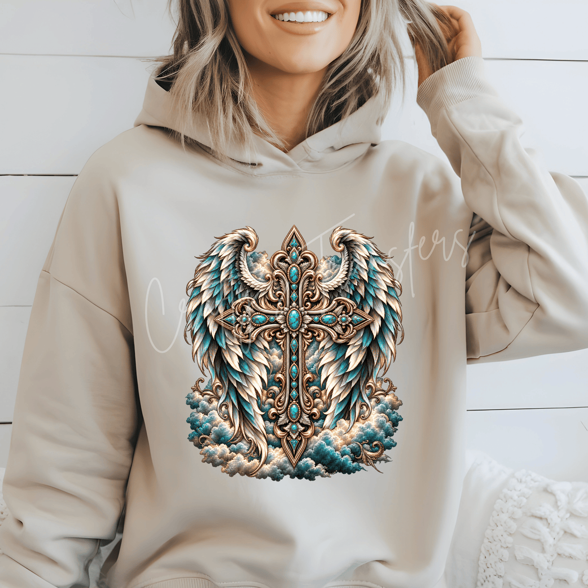 Turquoise Angel Wings Cross DTF Transfer – Western Christian Faith Shirt Design – Ornate Cross DTF