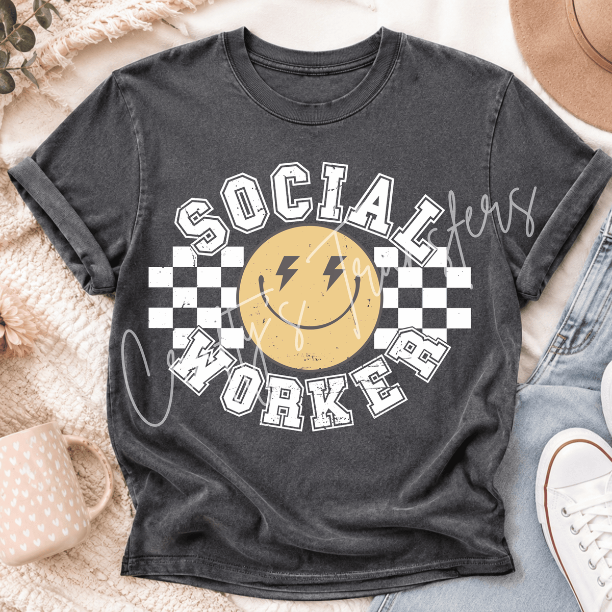 Social Worker DTF Transfer – Retro Smiley Checkerboard Profession Shirt Design – Social Work DTF