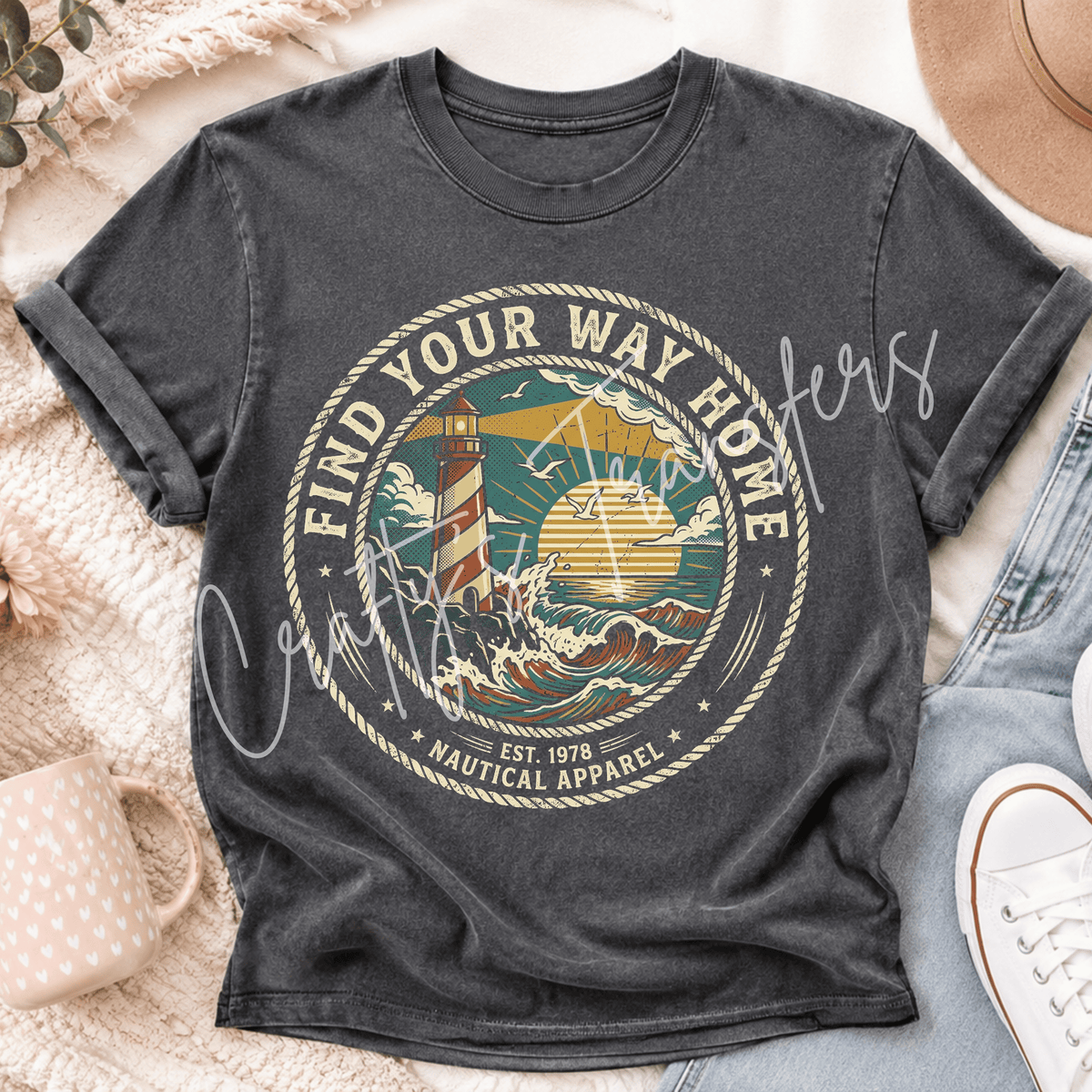 Find Your Way Home Lighthouse DTF Transfer – Vintage Coastal Ocean Shirt Design – Nautical Beach DTF
