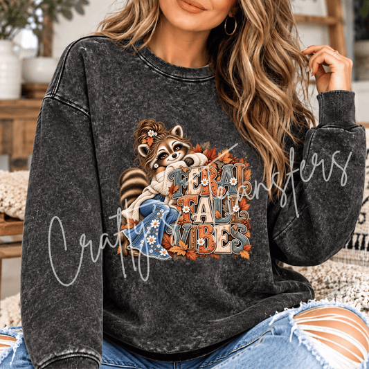 Feral Fall Vibes DTF Transfer – Cute Raccoon Autumn Shirt Design – Cozy Fall Animal DTF