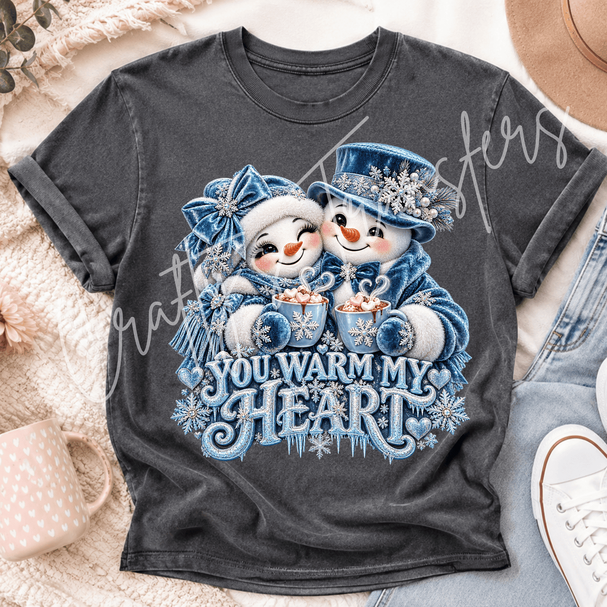 You Warm My Heart DTF Transfer – Snowman Couple Winter Shirt Design – Blue Cozy Christmas DTF