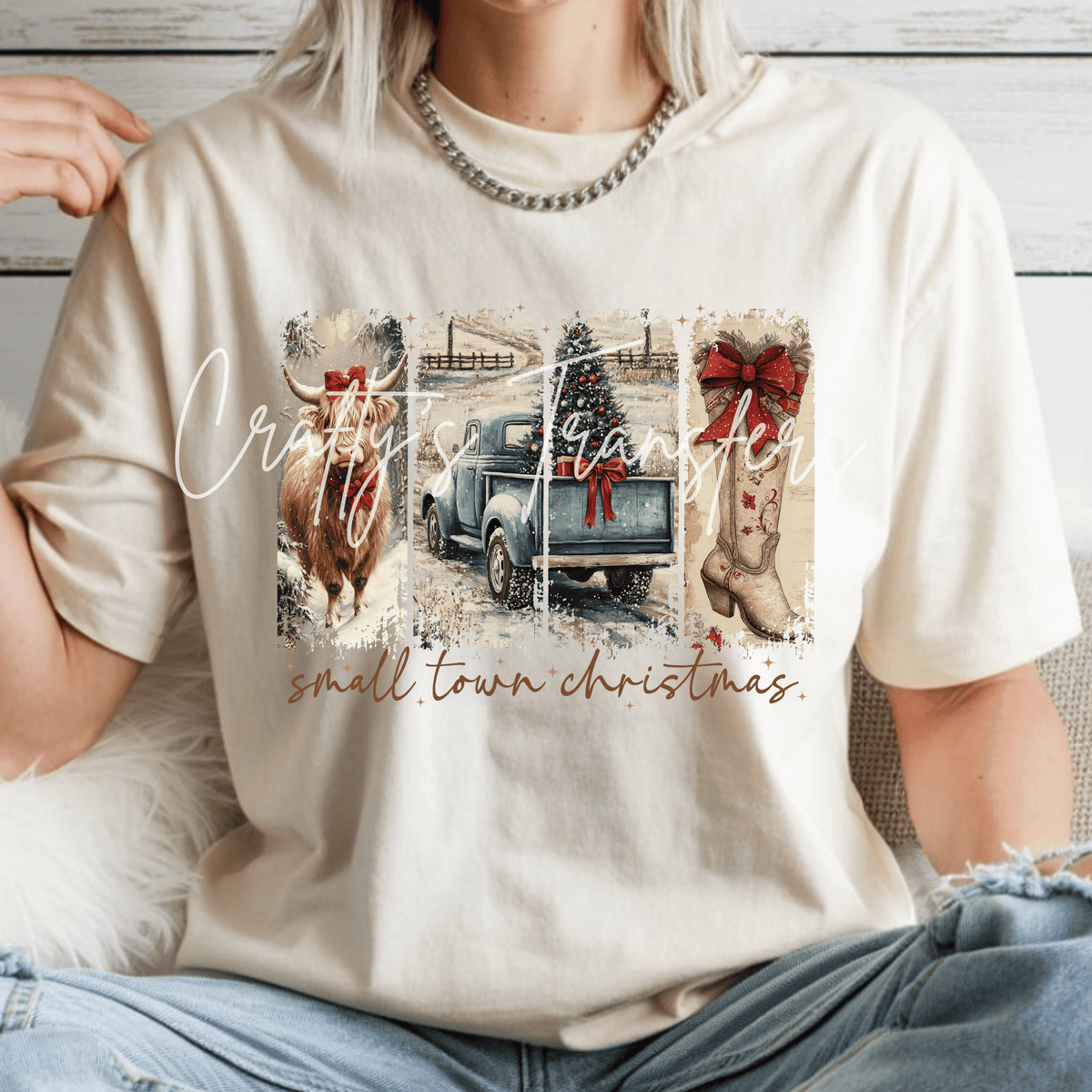 Small Town Christmas DTF Transfer – Highland Cow Vintage Truck & Cowboy Boot Western Holiday Design