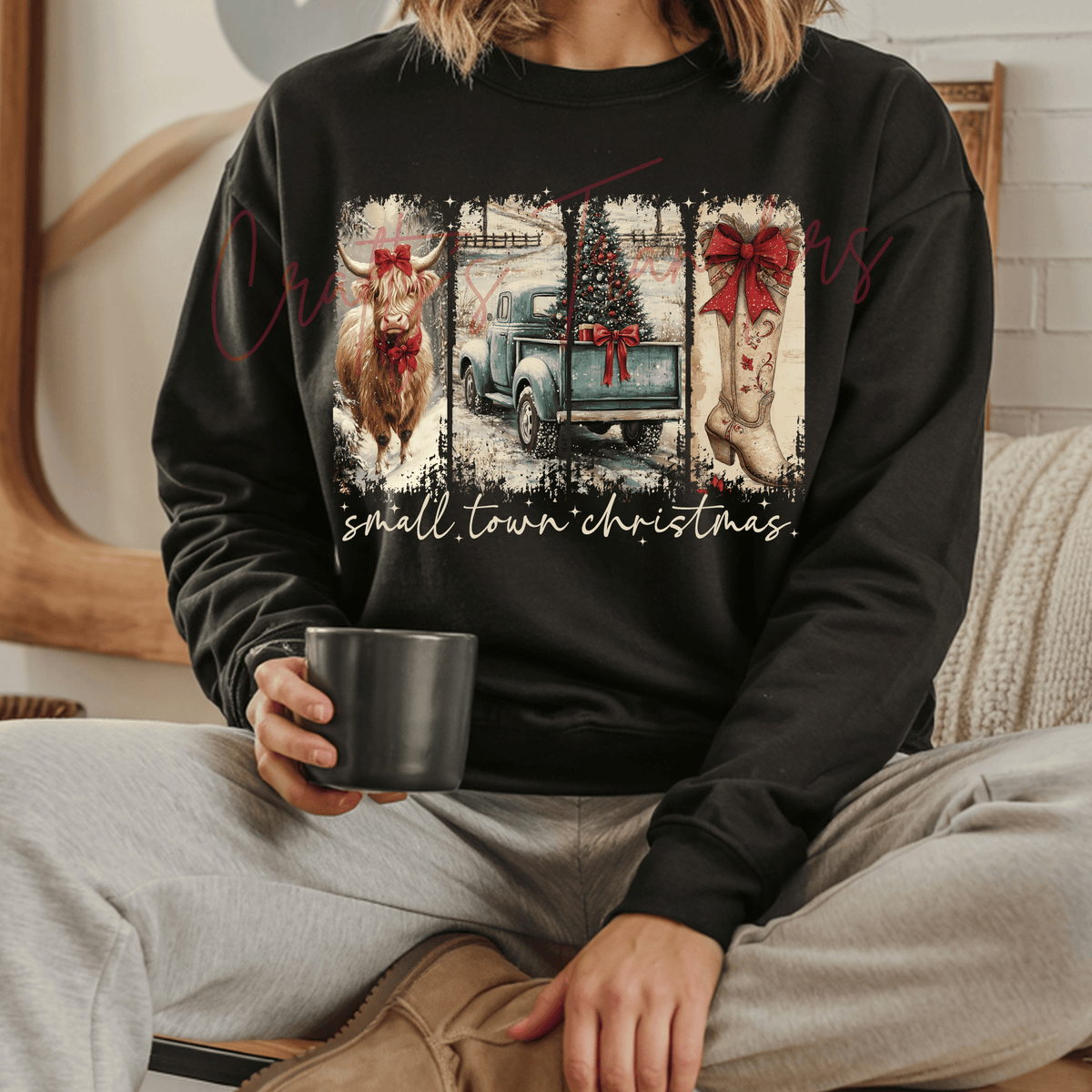 Small Town Christmas DTF Transfer – Highland Cow Vintage Truck & Cowboy Boot Western Holiday Design