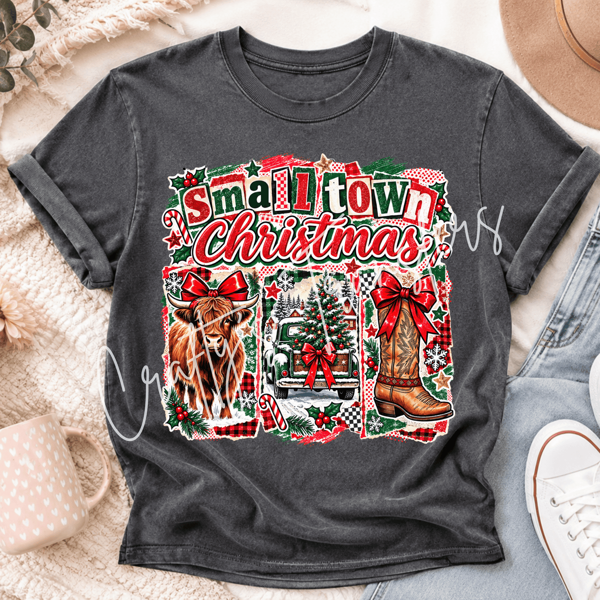 Small Town Christmas DTF Transfer – Highland Cow Vintage Truck & Cowboy Boot Holiday Graphic