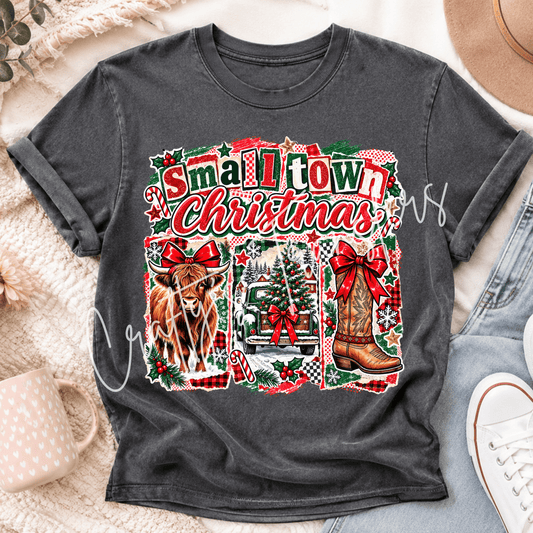 Small Town Christmas DTF Transfer – Highland Cow Vintage Truck & Cowboy Boot Holiday Graphic