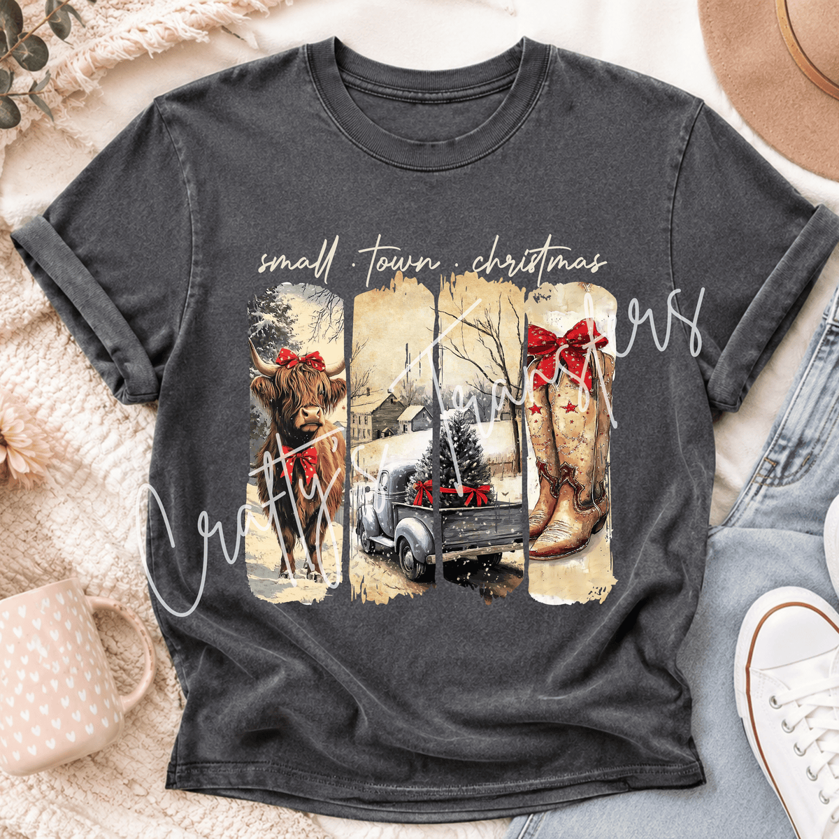 Small Town Christmas DTF Transfer – Highland Cow Vintage Truck & Cowboy Boots Western Holiday Design