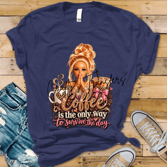 Coffee Is the Only Way to Survive the Day DTF Transfer – Glam Coffee Lover Shirt Design – Pink Leopard DTF