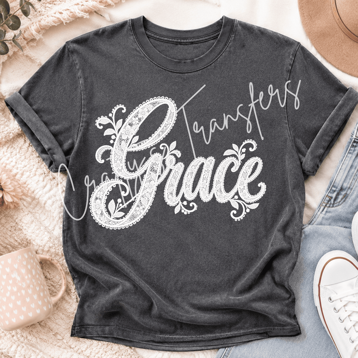 Grace Lace DTF Transfer – Elegant White Floral Script Shirt Design – Christian Faith DTF
