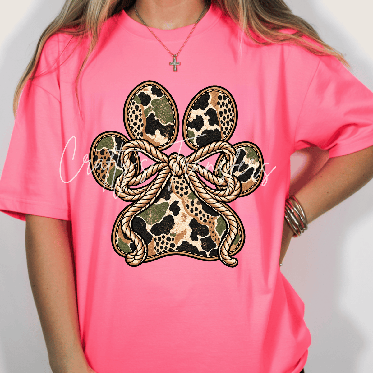 Camo Paw Print DTF Transfer – Animal Print Dog Mom Shirt Design – Rope Bow Pet Lover DTF