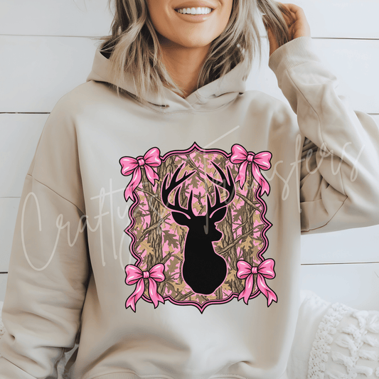 Pink Camo Deer DTF Transfer – Whitetail Buck Bow Shirt Design – Girly Hunting DTF