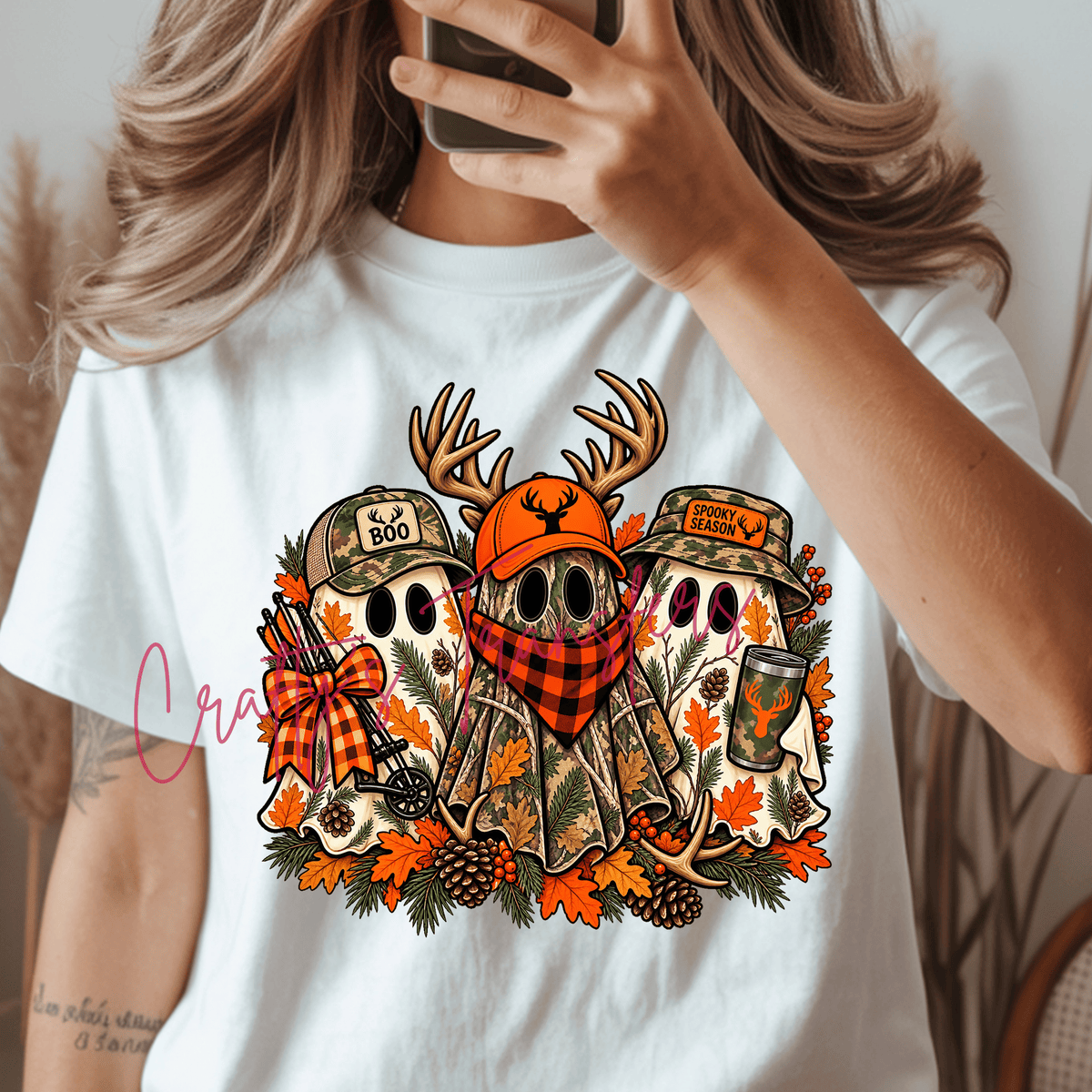 Spooky Season Camo Ghost DTF Transfer – Hunting Ghost Fall Shirt Design – Orange Camo Halloween DTF