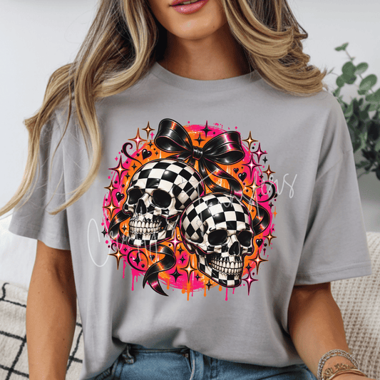 Checkerboard Skull Bow DTF Transfer – Neon Glam Punk Skull Shirt Design – Hot Pink Orange DTF