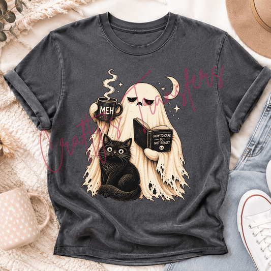 Ghost Cat Coffee DTF Transfer – Funny Spooky Book Lover Shirt Design – Vintage Halloween DTF