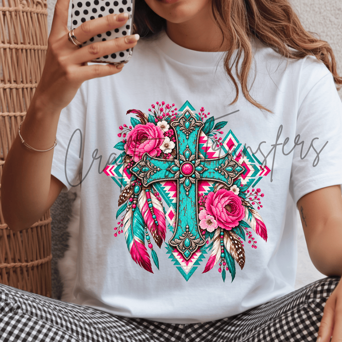 Turquoise Cross DTF Transfer – Pink Floral Western Faith Shirt Design – Southwestern Christian DTF