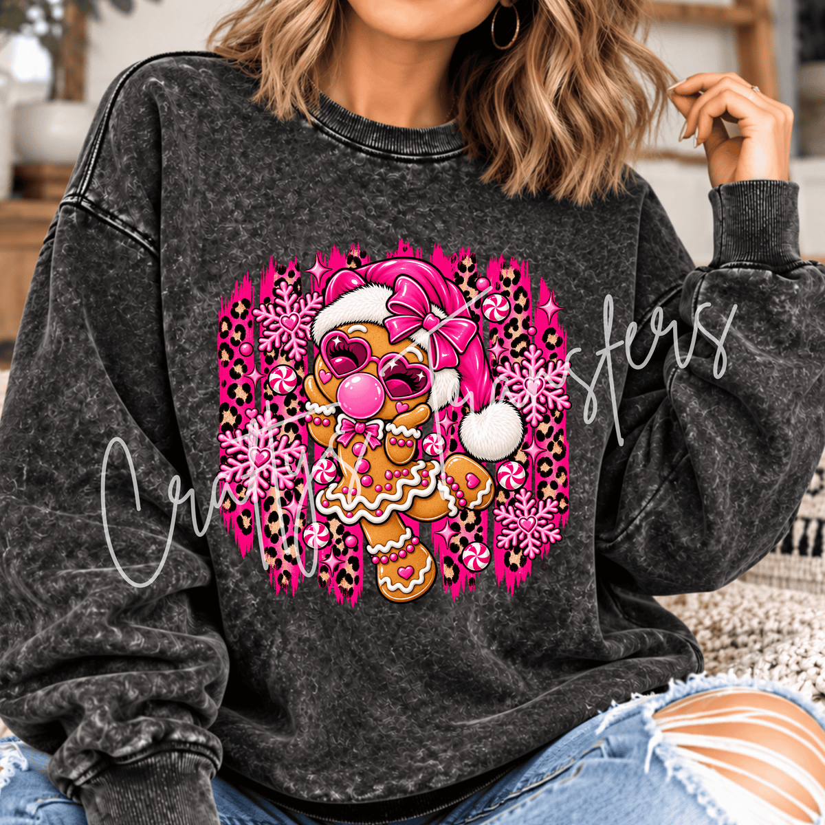 Pink Gingerbread Girl DTF Transfer – Leopard Christmas Shirt Design – Girly Holiday DTF