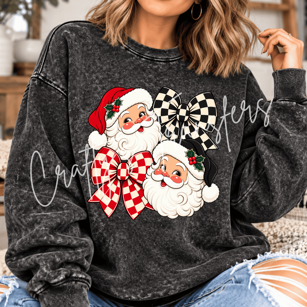 Santa Bow DTF Transfer – Checkered Christmas Santa Shirt Design – Girly Holiday DTF