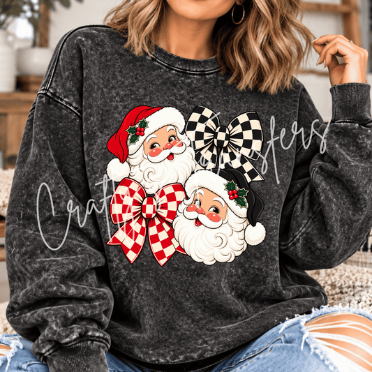 Santa Bow DTF Transfer – Checkered Christmas Santa Shirt Design – Girly Holiday DTF