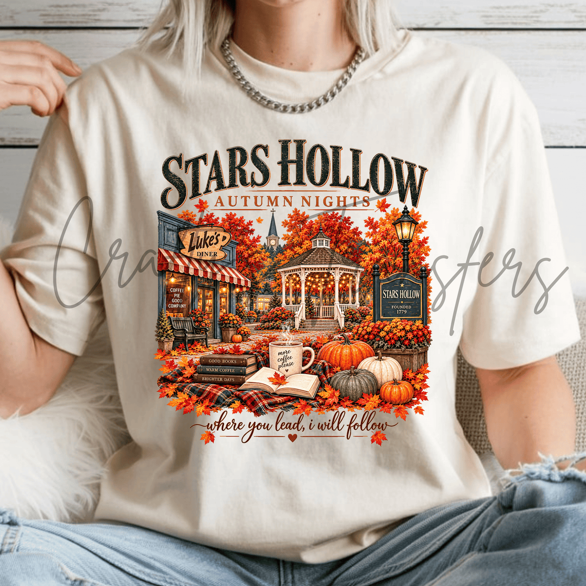 Cozy Autumn Town DTF Transfer – Fall Gazebo Coffee Books & Pumpkins Shirt Design – Small Town Fall DTF