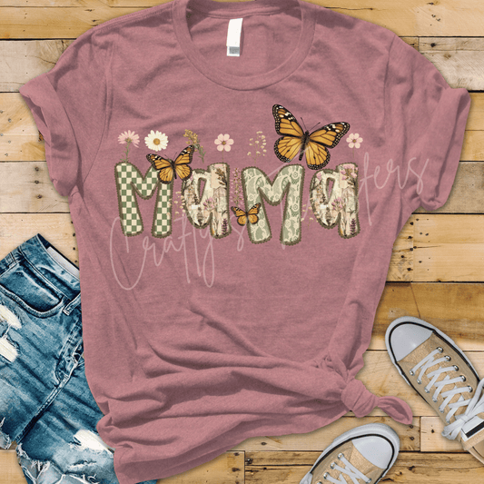 Mama DTF Transfer – Patchwork Butterfly Mom Shirt Design – Floral Mama DTF