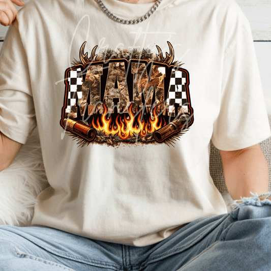 Camo Mama DTF Transfer – Hunting Mom Graphic – Flames & Outdoors Design – Ready to Press DTF