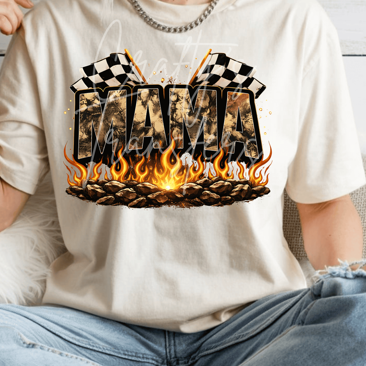 Racing Mama DTF Transfer – Checkered Flag Mom Graphic – Camo Flame Mama Design – Ready to Press DTF