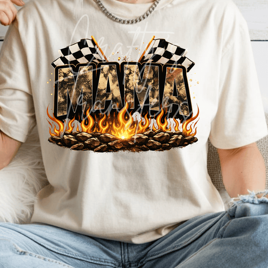 Racing Mama DTF Transfer – Checkered Flag Mom Graphic – Camo Flame Mama Design – Ready to Press DTF