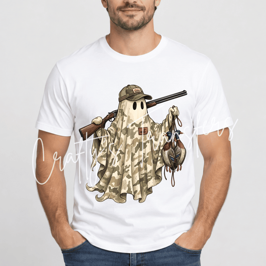 Duck Hunting Ghost DTF Transfer – Camo Hunter Ghost with Ducks – Hunting Season Graphic – Ready to Press DTF