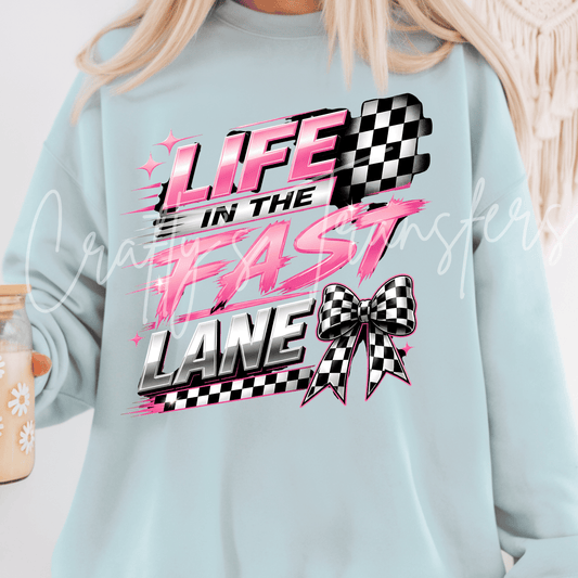 Pink Racing DTF Transfer – Checkered Flag Bow Graphic – Girly Race Day Design – Ready to Press DTF Transfer