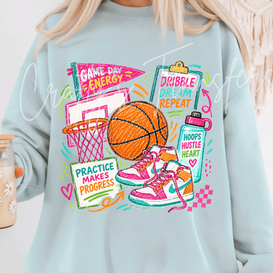 Basketball Game Day Energy DTF Transfer – Colorful Hoops & Hustle Basketball Graphic – Girls Sports DTF – Ready to Press Transfer