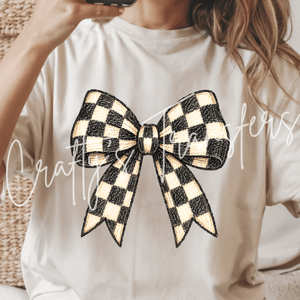Black & Cream Checkered Bow DTF Transfer – Neutral Coquette Bow Graphic – Boutique Bow DTF – Ready to Press Transfer
