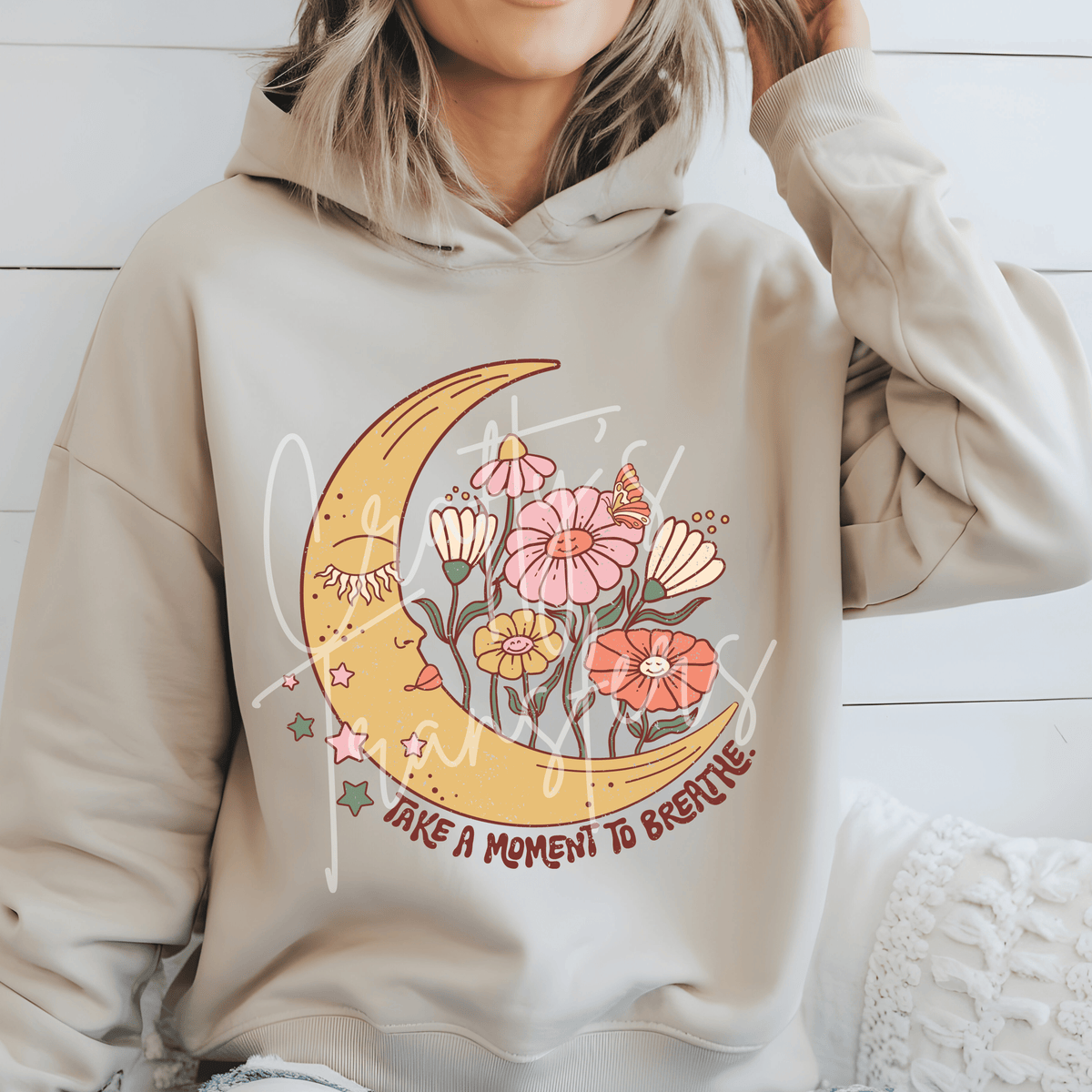 Take a Moment to Breathe DTF Transfer – Floral Moon Graphic – Self Care Inspirational DTF – Ready to Press Transfer
