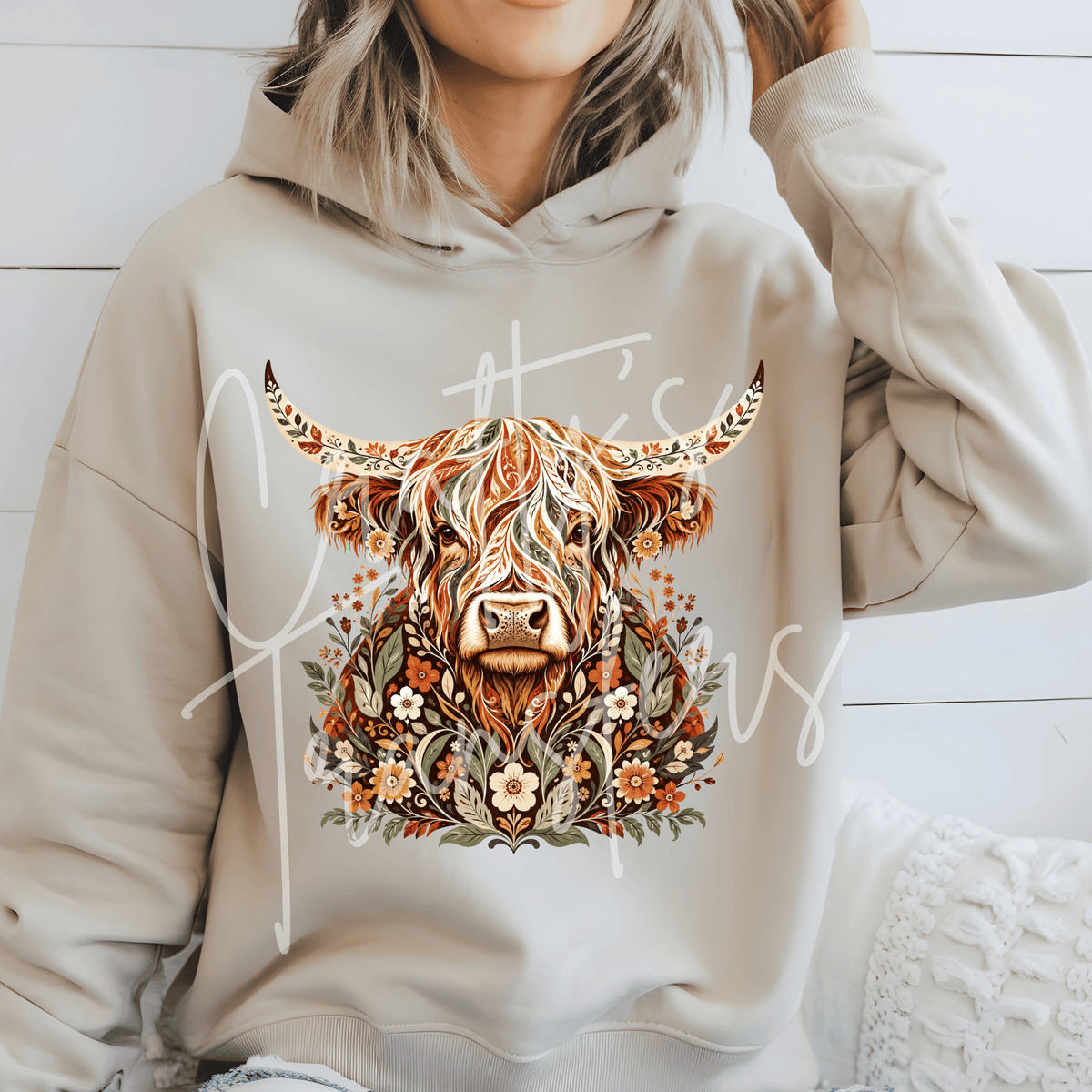 Boho Floral Highland Cow DTF Transfer – Folk Art Cow Graphic – Rustic Western Floral DTF – Ready to Press Transfer
