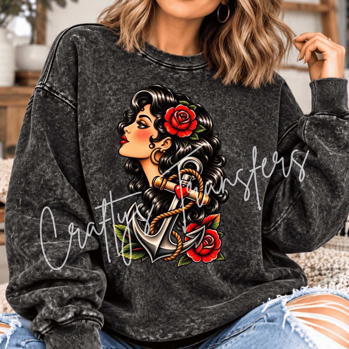 Rockabilly Sailor Girl DTF Transfer – Anchor & Red Rose Pinup Graphic – Nautical Tattoo Style DTF – Ready to Press Transfer