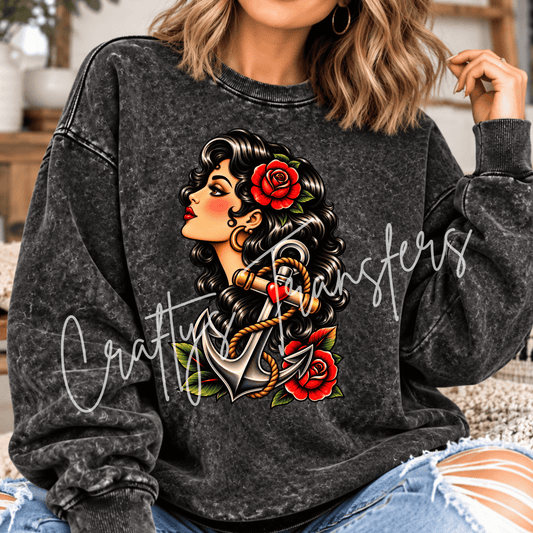Rockabilly Sailor Girl DTF Transfer – Anchor & Red Rose Pinup Graphic – Nautical Tattoo Style DTF – Ready to Press Transfer