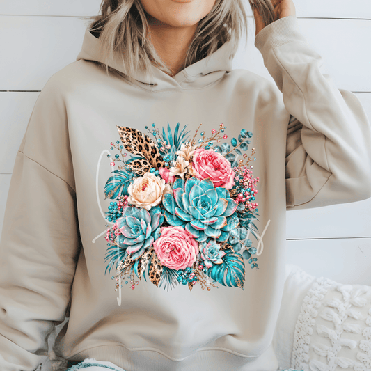 Turquoise Succulent Floral DTF Transfer – Pink Rose & Leopard Botanical Graphic – Boho Floral DTF – Ready to Press Transfer