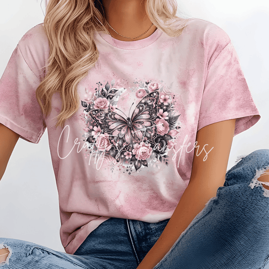 Pink Floral Butterfly DTF Transfer – Black Blush Rose Butterfly Graphic – Ready to Press DTF