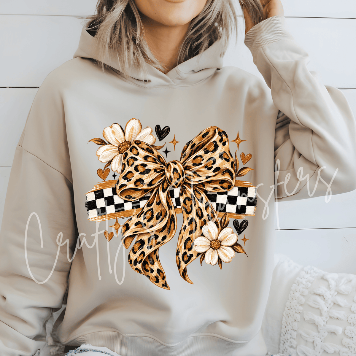 Leopard Bow DTF Transfer – Checkered Daisy Bow Graphic – Neutral Girly Ready to Press DTF