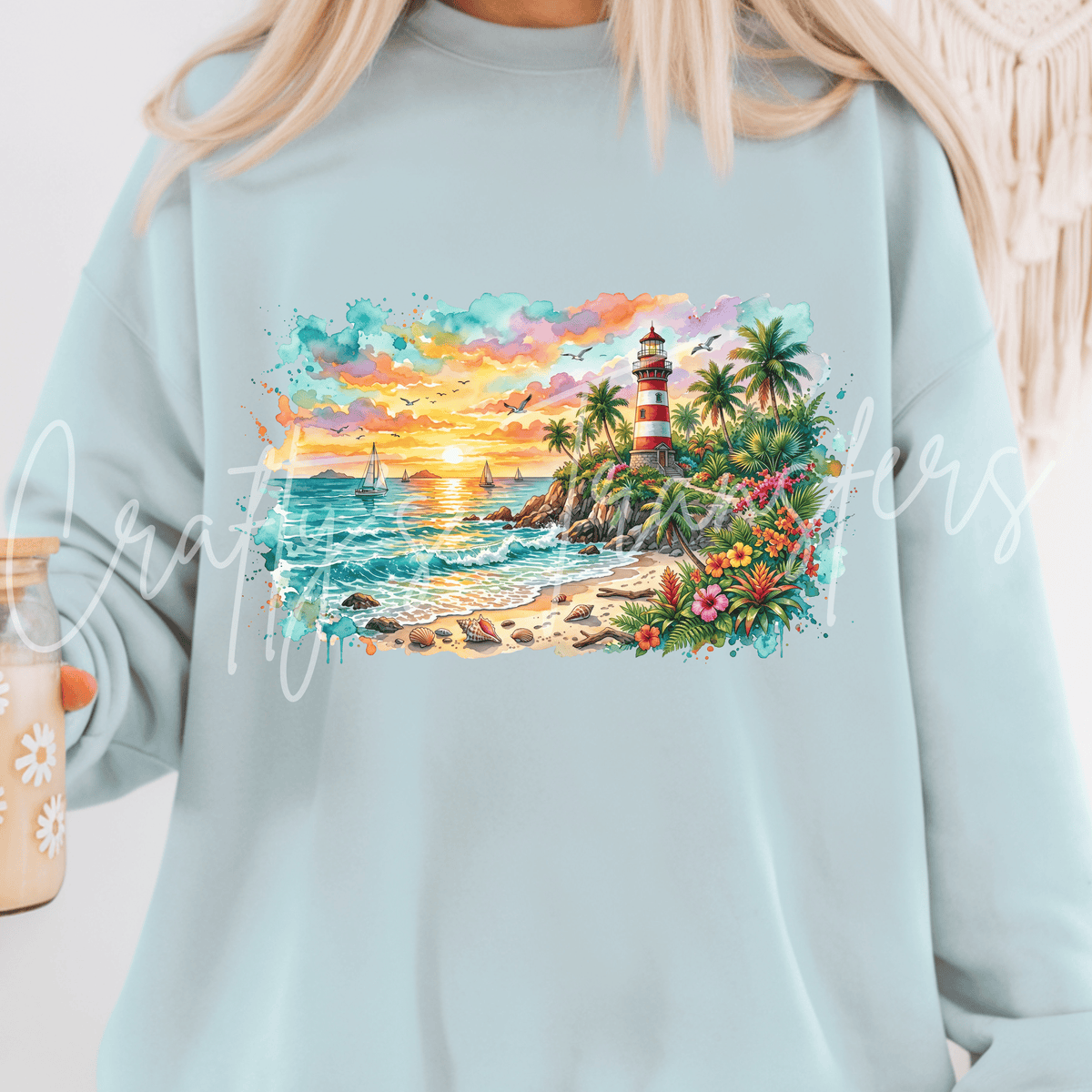 Tropical Lighthouse DTF Transfer – Coastal Beach Sunset Graphic – Ocean Vacation Ready to Press DTF