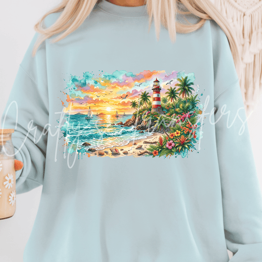 Tropical Lighthouse DTF Transfer – Coastal Beach Sunset Graphic – Ocean Vacation Ready to Press DTF