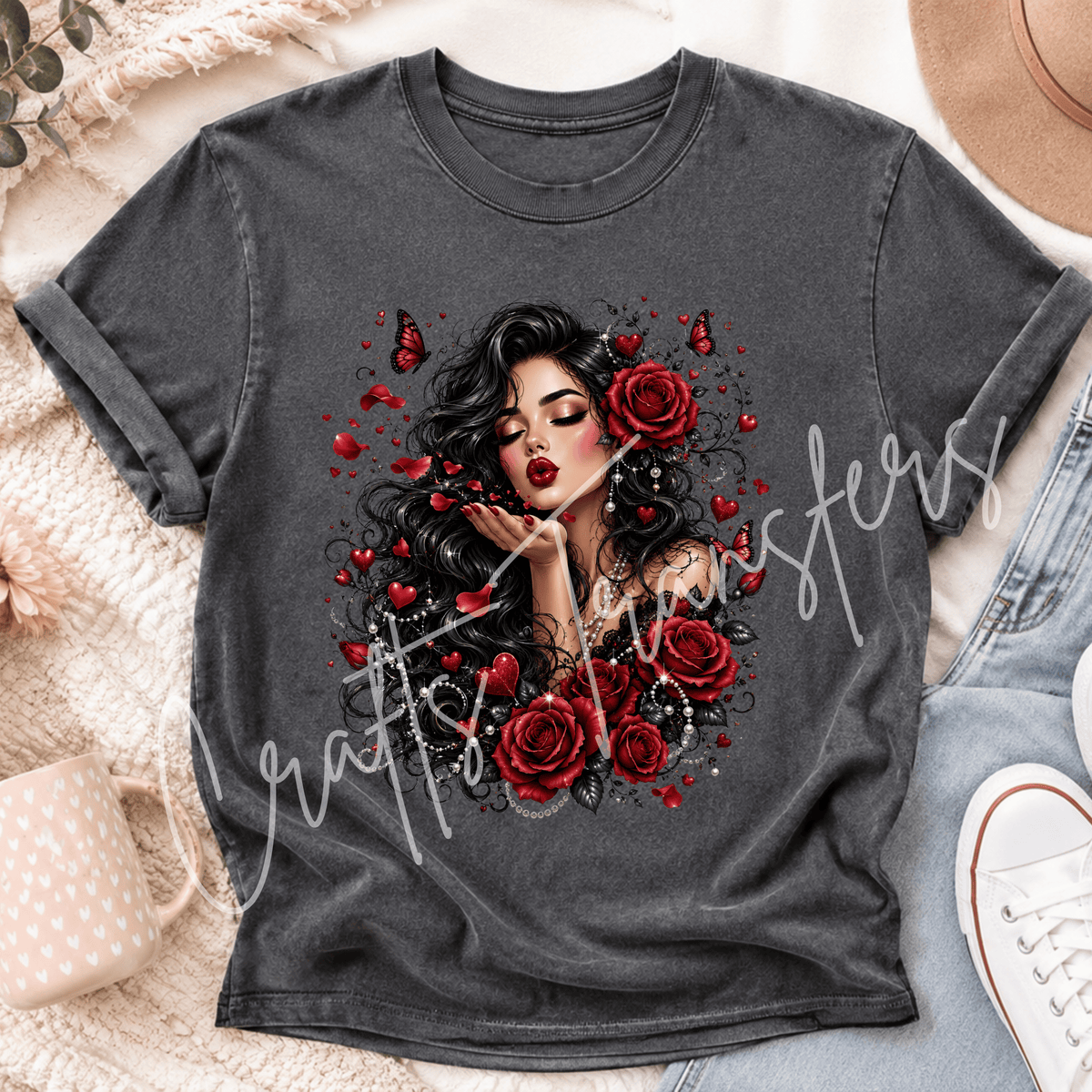 Red Rose Glam Girl DTF Transfer – Romantic Floral Woman Graphic – Ready to Press DTF